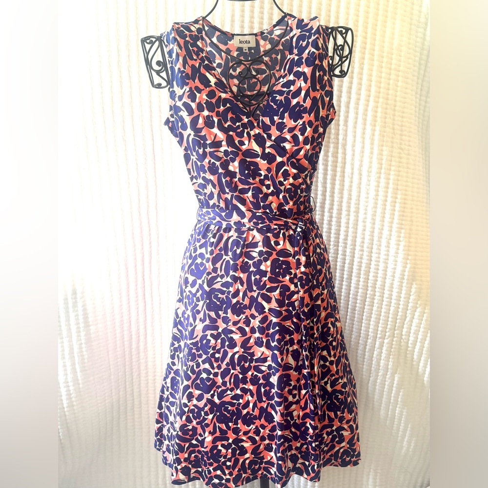 Leota Fit and Flare Blue Pink Midi Dress